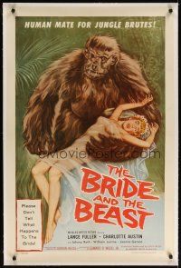 7e203 BRIDE & THE BEAST linen 1sh '58 Ed Wood classic, wacky art of huge ape holding sexy girl!