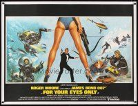 7e015 FOR YOUR EYES ONLY linen British quad '81 Bysouth art of Roger Moore as Bond 007 & sexy legs!
