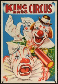 7e168 KING BROS CIRCUS linen circus poster '50s cool artwork of wacky clowns & dynamite!
