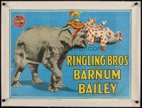 7e169 RINGLING BROS & BARNUM & BAILEY linen circus poster '45 Bill Bailey art of elephant & clown!