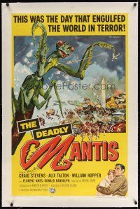 7e222 DEADLY MANTIS linen signed 1sh '57 by Craig Stevens, classic art of giant insect by Ken Sawyer