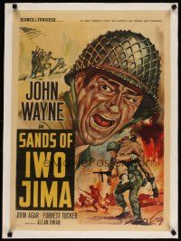 7e038 SANDS OF IWO JIMA linen Italian 20x27 R60s great artwork of World War II Marine John Wayne!