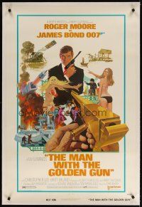 7e263 MAN WITH THE GOLDEN GUN linen 1sh '74 art of Roger Moore as James Bond by Robert McGinnis!