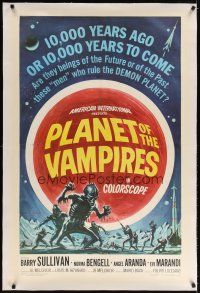 7e282 PLANET OF THE VAMPIRES linen 1sh '65 Mario Bava, future beings who rule the demon planet!