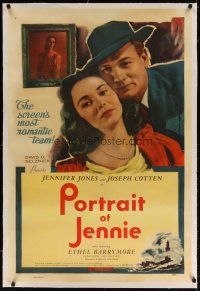 7e283 PORTRAIT OF JENNIE linen 1sh R54 Joseph Cotten loves beautiful ghost Jennifer Jones!