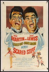 7e290 SCARED STIFF linen 1sh '53 wacky artwork of terrified Dean Martin & Jerry Lewis!