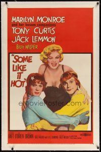 7e296 SOME LIKE IT HOT linen 1sh '59 sexy Marilyn Monroe with Tony Curtis & Jack Lemmon in drag!