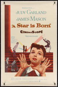 7e302 STAR IS BORN linen 1sh '54 great close up art of Judy Garland, James Mason, classic!