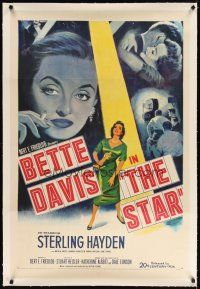 7e301 STAR linen 1sh '53 great art of Hollywood actress Bette Davis holding Oscar in the spotlight!