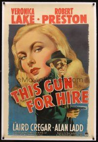 7e187 THIS GUN FOR HIRE linen 1sh '42 classic image of Alan Ladd with gun & sexy Veronica Lake!