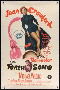 7e319 TORCH SONG linen 1sh '53 unusual art of tough baby Joan Crawford, a wonderful love story!