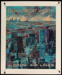 7e146 DELTA AIR LINES: DALLAS/FORT WORTH linen travel poster '70s art of city & airport by Laycox!