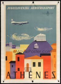 7e153 JUGOSLOVENSKI AEROTRANSPORT: ATHENES linen Yugoslavian travel poster '55 art by Milenkovic!