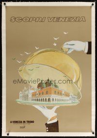 7e150 SCOPRI VENEZIA linen Italian travel poster '80s art of the city of Venice on dinner platter!