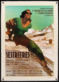7e151 SESTRIERES linen Italian travel poster '78 art of sexy female skier by Gino Boccasile!