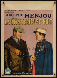 7f394 NIGHT OF MYSTERY pre-war Belgian '28 Adolphe Menjou, cool stone litho artwork!