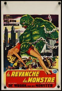 7f441 REVENGE OF THE CREATURE Belgian '55 great different art of monster holding sexy girl!