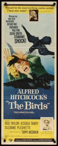 7f113 BIRDS insert '63 Alfred Hitchcock shown, Tippi Hedren, classic art of birds attacking!