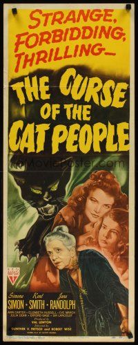 7f118 CURSE OF THE CAT PEOPLE insert '44 close up of sexy Simone Simon + great art of snarling cat!