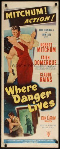 7f153 WHERE DANGER LIVES insert '50 art of Robert Mitchum holding Faith Domergue + Rains w/gun!