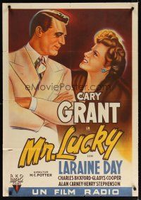 7f168 MR. LUCKY Spanish '43 stone litho art of Cary Grant with pretty Laraine Day!