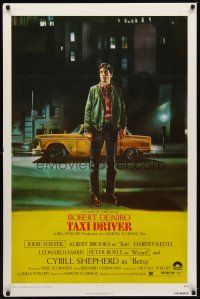 7f050 TAXI DRIVER 1sh '76 classic art of Robert De Niro by cab, directed by Martin Scorsese!