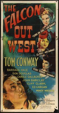 7g065 FALCON OUT WEST 3sh '44 great art of detective Tom Conway as The Falcon with pretty women!