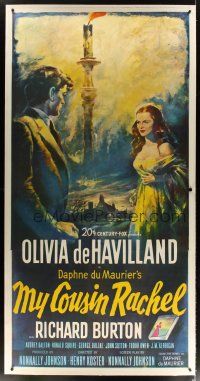 7g155 MY COUSIN RACHEL linen 3sh '53 artwork of pretty Olivia de Havilland & Richard Burton!