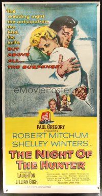 7g156 NIGHT OF THE HUNTER linen 3sh '55 Robert Mitchum hugs Shelley Winters with love & hate hands!