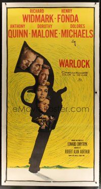 7g158 WARLOCK linen 3sh '59 cowboys Henry Fonda & Richard Widmark, cool revolver design!