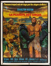 7g142 PLANET OF THE APES linen French 1p '68 best art of enslaved Charlton Heston by Jean Mascii!