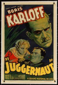 7g111 JUGGERNAUT linen 1sh '36 cool art of Boris Karloff, horror man of the screen without makeup!