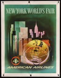 7g126 AMERICAN AIRLINES NEW YORK WORLD'S FAIR linen travel poster 1964 art by Henry K. Benscathy!