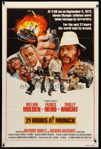 7h018 21 HOURS AT MUNICH 1sh '76 cool art of William Holden, Franco Nero with grenade!