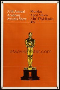 7h022 37TH ANNUAL ACADEMY AWARDS 1sh '65 cool image of Oscar statue!