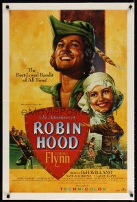 7h034 ADVENTURES OF ROBIN HOOD video 1sh R91 Errol Flynn as Robin Hood, De Havilland, Rodriguez art!