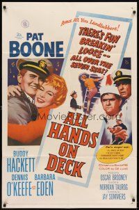 7h041 ALL HANDS ON DECK 1sh '61 Navy Captain Pat Boone, sexy Barbara Eden on ladder!