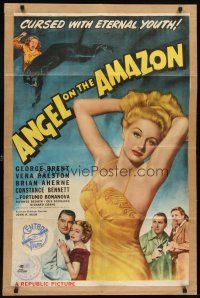 7h051 ANGEL ON THE AMAZON 1sh '48 art of George Brent, Vera Ralston, panther attack!