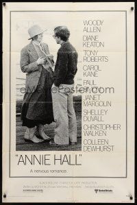 7h055 ANNIE HALL 1sh '77 full-length Woody Allen & Diane Keaton in a nervous romance!