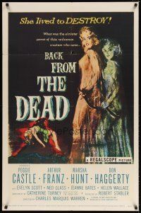 7h066 BACK FROM THE DEAD 1sh '57 Peggie Castle lived to destroy, cool sexy horror art & image!