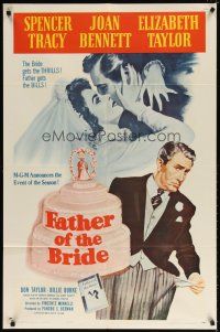 7h320 FATHER OF THE BRIDE 1sh R62 art of Liz Taylor in wedding gown & broke Spencer Tracy!