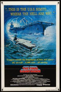 7h327 FINAL COUNTDOWN 1sh '80 cool sci-fi artwork of the U.S.S. Nimitz aircraft carrier!