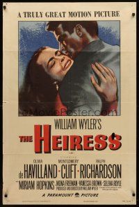 7h425 HEIRESS style A 1sh '49 William Wyler, Olivia de Havilland & Montgomery Clift!