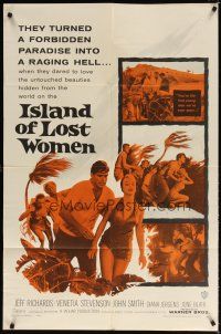 7h475 ISLAND OF LOST WOMEN 1sh '59 hidden, forbidden, untouched beauties in a raging hell!