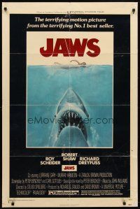 7h483 JAWS 1sh '75 art of Steven Spielberg's classic man-eating shark attacking sexy swimmer!