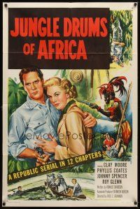 7h491 JUNGLE DRUMS OF AFRICA 1sh '52 Clayton Moore with gun & Phyllis Coates, Republic serial!