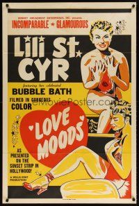 7h546 LOVE MOODS Woolever Press 1sh '52 silkscreen art of incomparable Lili St. Cyr in bubble bath!