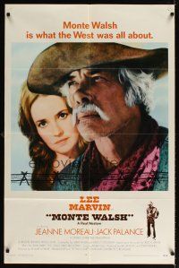 7h604 MONTE WALSH int'l 1sh '70 super close up of cowboy Lee Marvin & pretty Jeanne Moreau!
