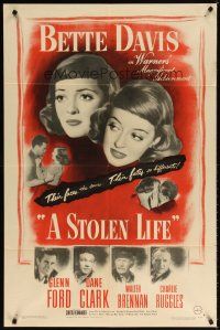 7h834 STOLEN LIFE 1sh '46 Bette Davis as identical twins with different fates, Glenn Ford