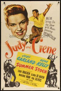 7h847 SUMMER STOCK 1sh '50 giant headshot of Judy Garland & Gene Kelly dancing in mid-air!